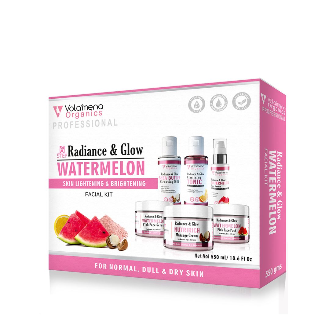 Volamena Radiance Glow Watermelon 6 Steps Facial Kit For Women & Men For De Tan & Glowing Skin 550 gms