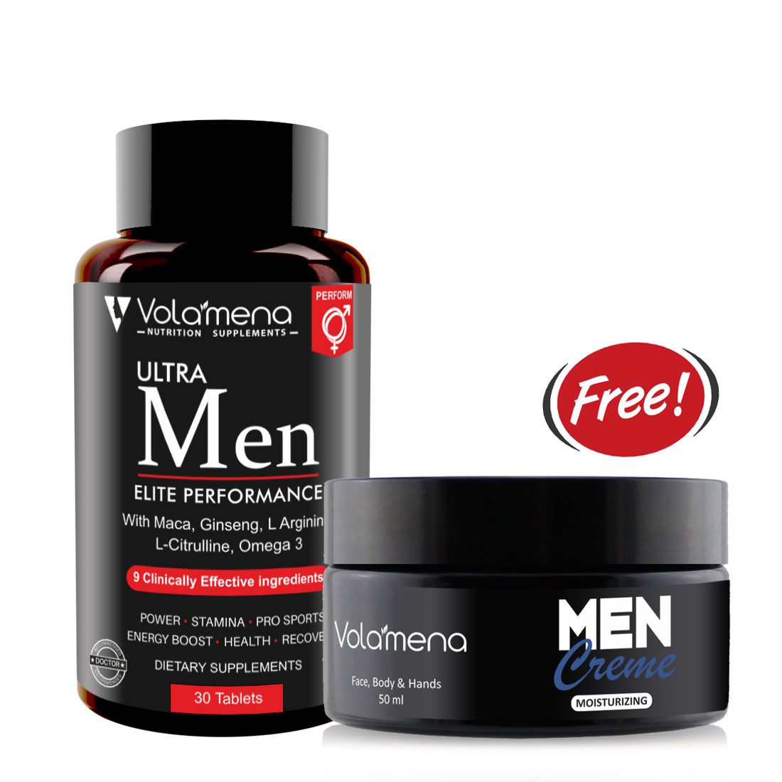 Volamena Nutrition Supplements Ultra Men Tablets Dietary Supplement With ginseng arginine & Omenga 3 |  Power & Stamina Booster for men 30 Tablets(Men creme 50 ml free)