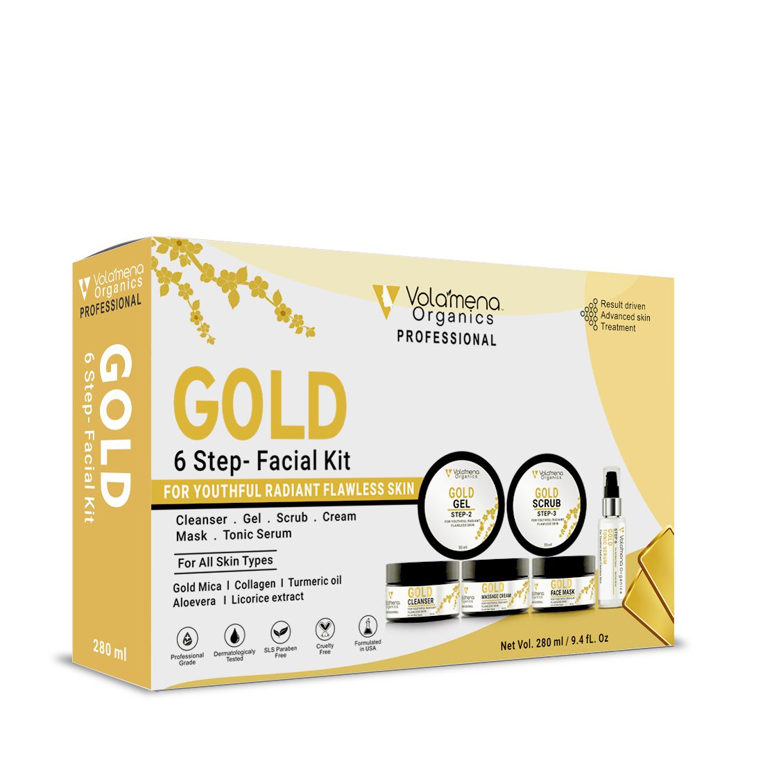 Volamena Skin Brightening Gold 6 Steps Facial Kit, For Flawless Skin, Youthful Glow Facial Kit For Women & Men 280 ml