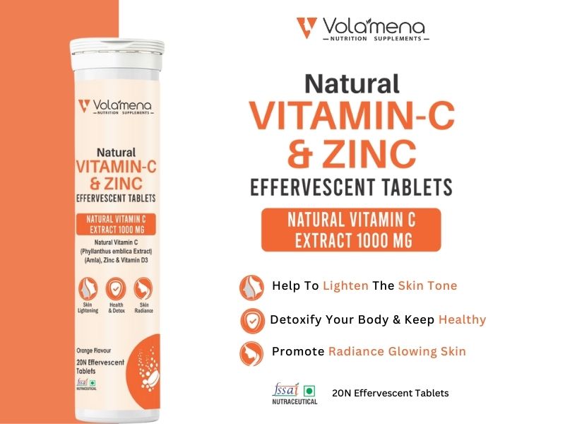 Volamena Natural Amla 1000mg Vitamin C and Zinc 20 Effervescent Tablets Natural Immunity Booster - Orange Flavour