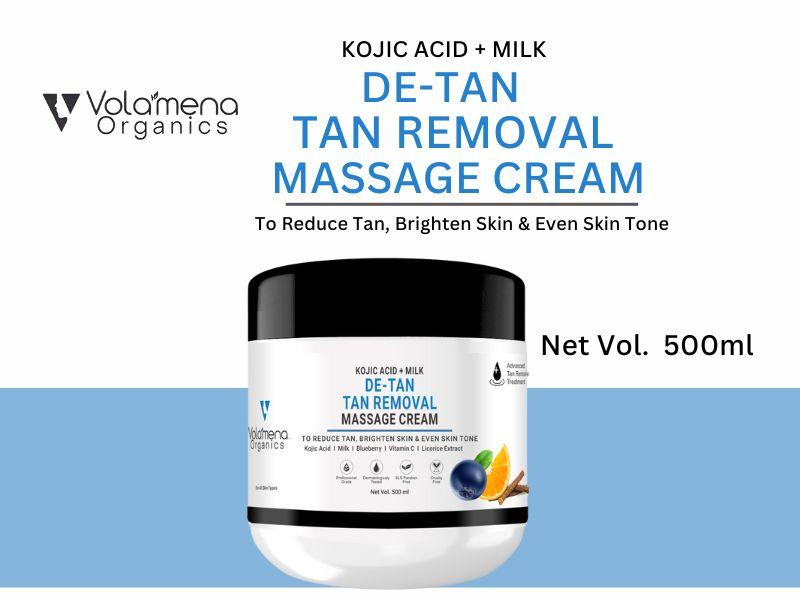 Volamena Organics De-Tan Removal Massage cream With Kojic Acid, Milk & blueberry For Tan, Brighten Skin & Even Skin Tone, 500ml