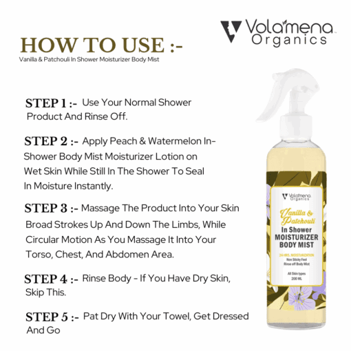 Vanilla & Patchouli In shower Moisturizer Body mist For 24Hrs. Moisturization