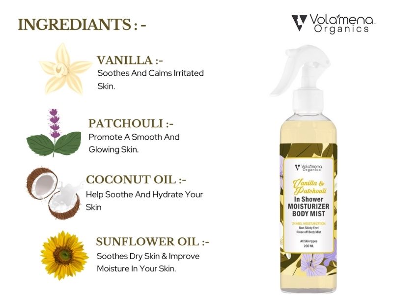 Vanilla & Patchouli In shower Moisturizer Body mist For 24Hrs. Moisturization