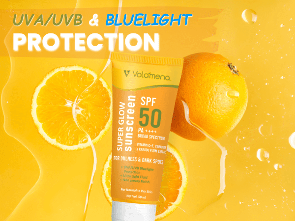 Volamena Super Glow Sunscreen with SPF 50 PA+++ With Vitamin C For Bright & Glowing Skin UVA/B Bluelight Protection No White Cast For Normal to dry skin, 50 ml