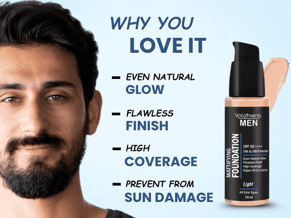 Volamena For Men Mattifying Foundation With SPF 50++++ Light Shade, | With Hyaluronic Acid & Argan Oil | For Even Natural Glow, Flawless Finish | With Dual Action Moisturizer + Sunscreen | 30ml