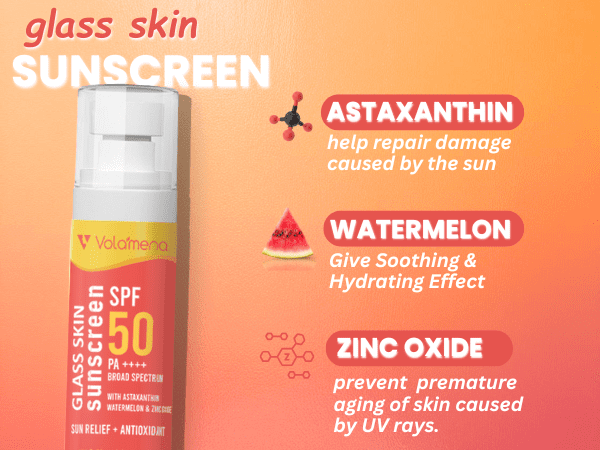 Volamena Glass Skin Sunscreen Spf 50pa++++ With Astaxanthin & Watermelon | Protect From UV Rays & Bluelight | Deeply Hydrate Your Skin | For Both Men & Women | Light Weight & Non Greasy | 50ml