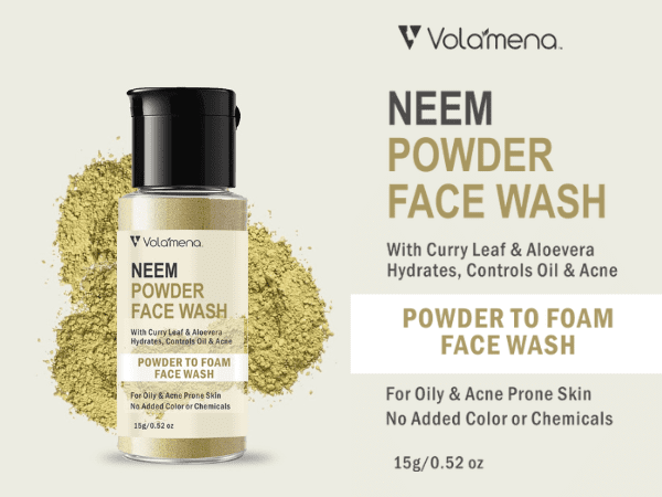Volamena Neem Powder Face Wash for Oily & Acne Prone Skin, with Curry Leaf & Aloe vera, Natural Face wash Hydrates, Control Oil & Acne, For Women & Men