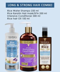 Volamena Rice Water & Biotin Hair Care Combo (Pack Of 3) Rice Water Shampoo, 250 ml + Amla & Rice Hair Oil, 100 ml + Intensive Moisturizing Conditioner, 300 ml